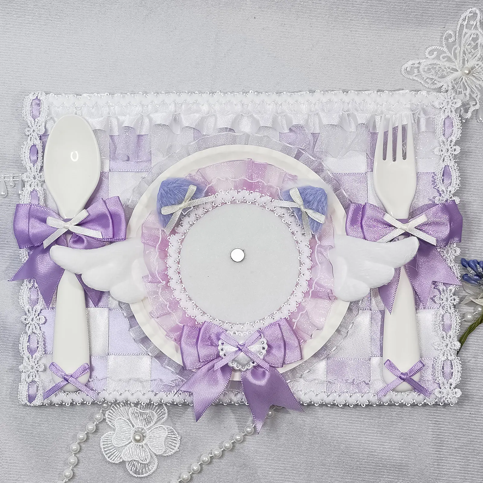 Handmade Plaid Pain Board, Dinner Plate Pain with Fork and Spoon, Lace Pain Board Lta Bag Transparent Layer Decorative Board