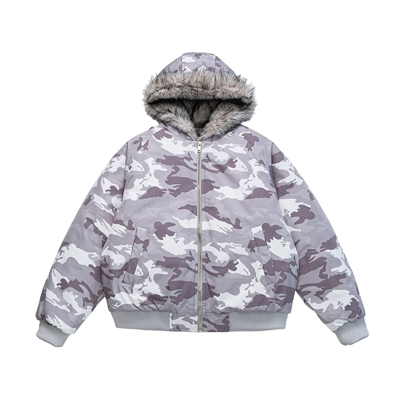 

Men's and Women's Oversized Faux Fur Collar Hooded Bomber Jacket, Trendy Solid Color and Camouflage Print Winter Coat, Warm Padded Outerwear with Large Pockets and Zipper Closure, Available in Multiple Colors, Perfect for Street Style, Everyday Wear, and 