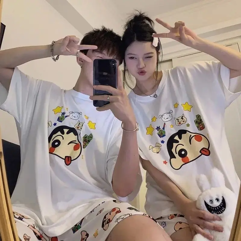 Cute Crayon Shin-Chan Pajamas Summer Couple Short Sleeved Shorts Man's and Woman's Sleepwear Cartoon Loungewear Daily Wear