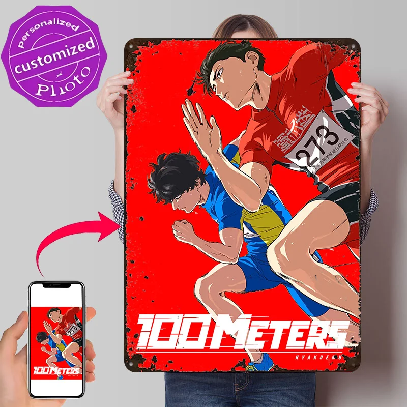 100 Meters Anime Runners in a Race Personalized 3D Textured Metal Poster Wall Art Tinplate Sign for Home Decorations Living Room