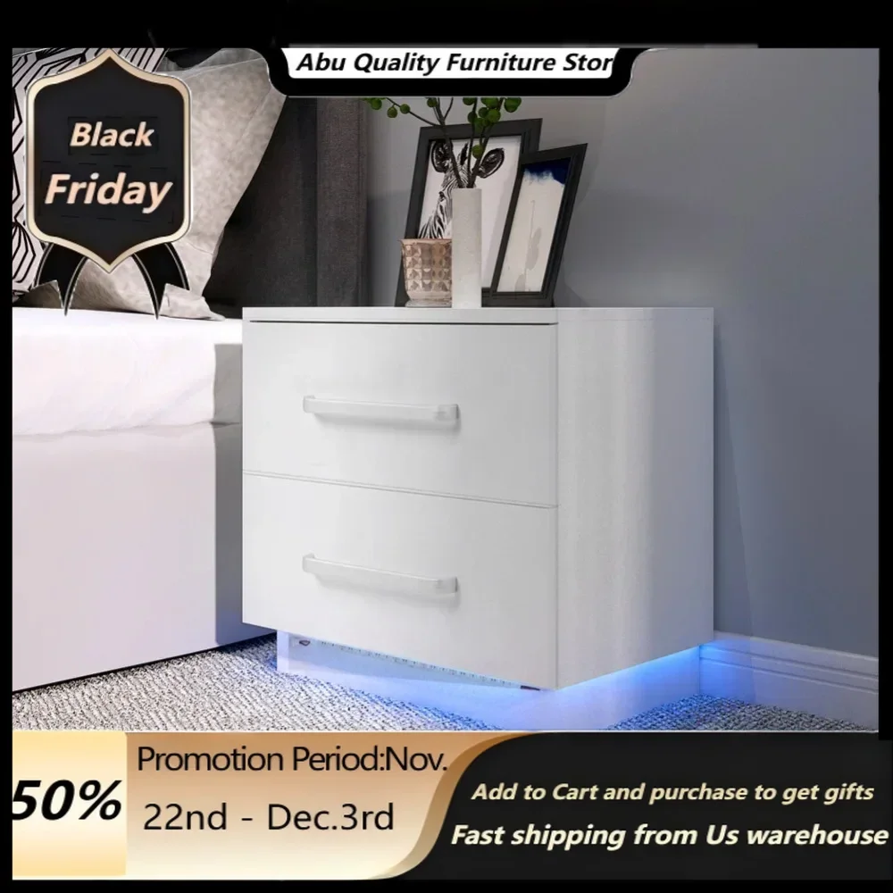 

Modern Stylish 2 Drawers Bedside Cabinet with LED Blue Light High Gloss Front Panel for BedroomUS Plug 110V