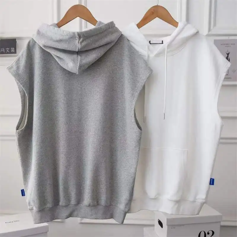 Women's Clothing Casual Loose Sleeveless Hoodies Summer New Solid Color Fashion Basics Pockets Patchwork Sweatshirts for Female