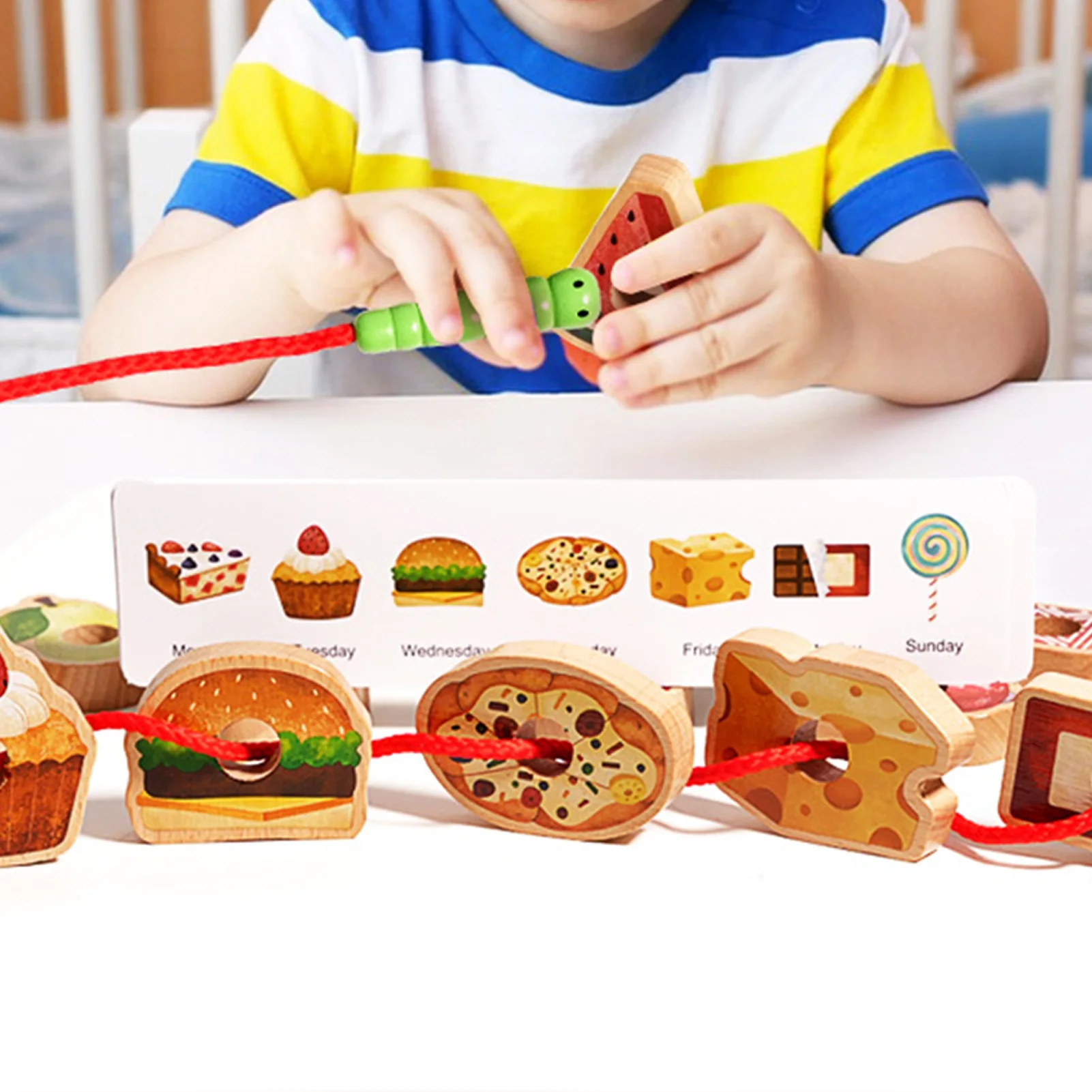 

Big Beads Caterpillar Lacing Game for Kids Wooden Beads with 8 Pattern Cards Fine Motor Skills Preschool Learning Toy