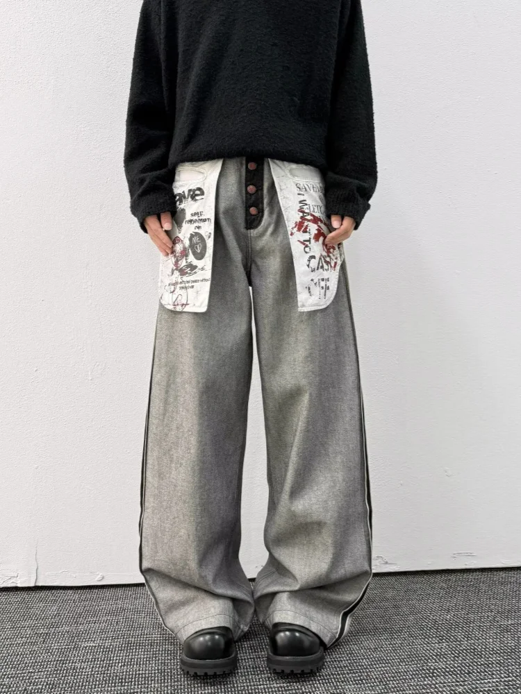 2025 Cyber Y2K Style Pocket Printed Patchwork Vintage Grey Baggy New Jeans Pants For Men Clothing Wide Leg Cotton Long Trousers