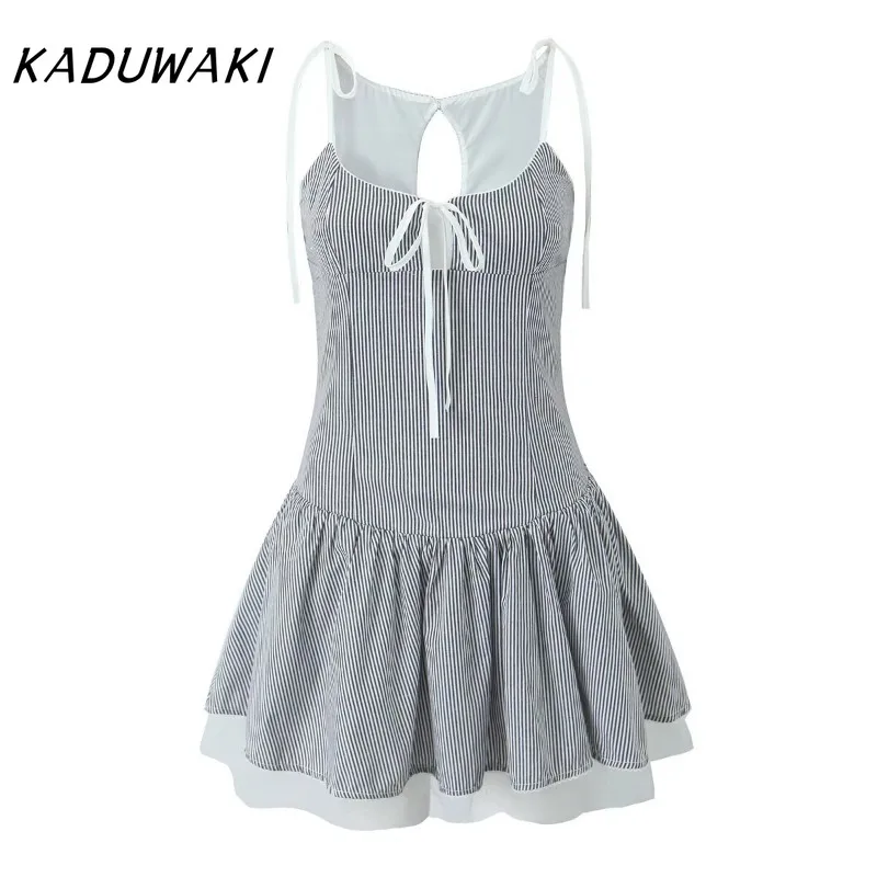 KADUWAKI Sexy Backless Women Mesh Patchwork Pink Striped Sling Dresses Sexy O Neck A-line Mini Dress Spring Summer Holiday Robe