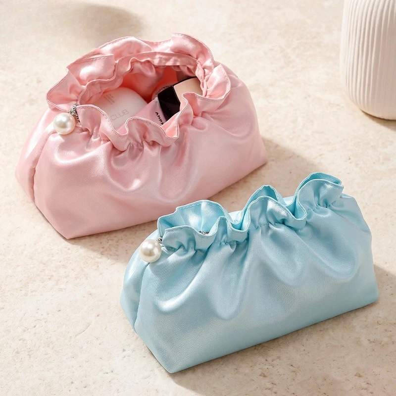 Travel Toiletry Bag for Women Large Capacity Satin Silk Cosmetic Pouch Ruched Cloud Makeup Bag Portable Skincare Storage Clutch
