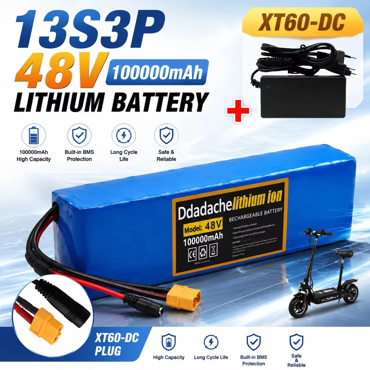 13S3P 48V 100Ah Li-Ionen-Akku, 2000W E-Bike-Akku mit integriertem BMS, 54,6V Vollspannungs-Ersatzakku für Elektroroller, inklusive 54,6V-Ladegerät, Backup-Stromversorgungsbatterie