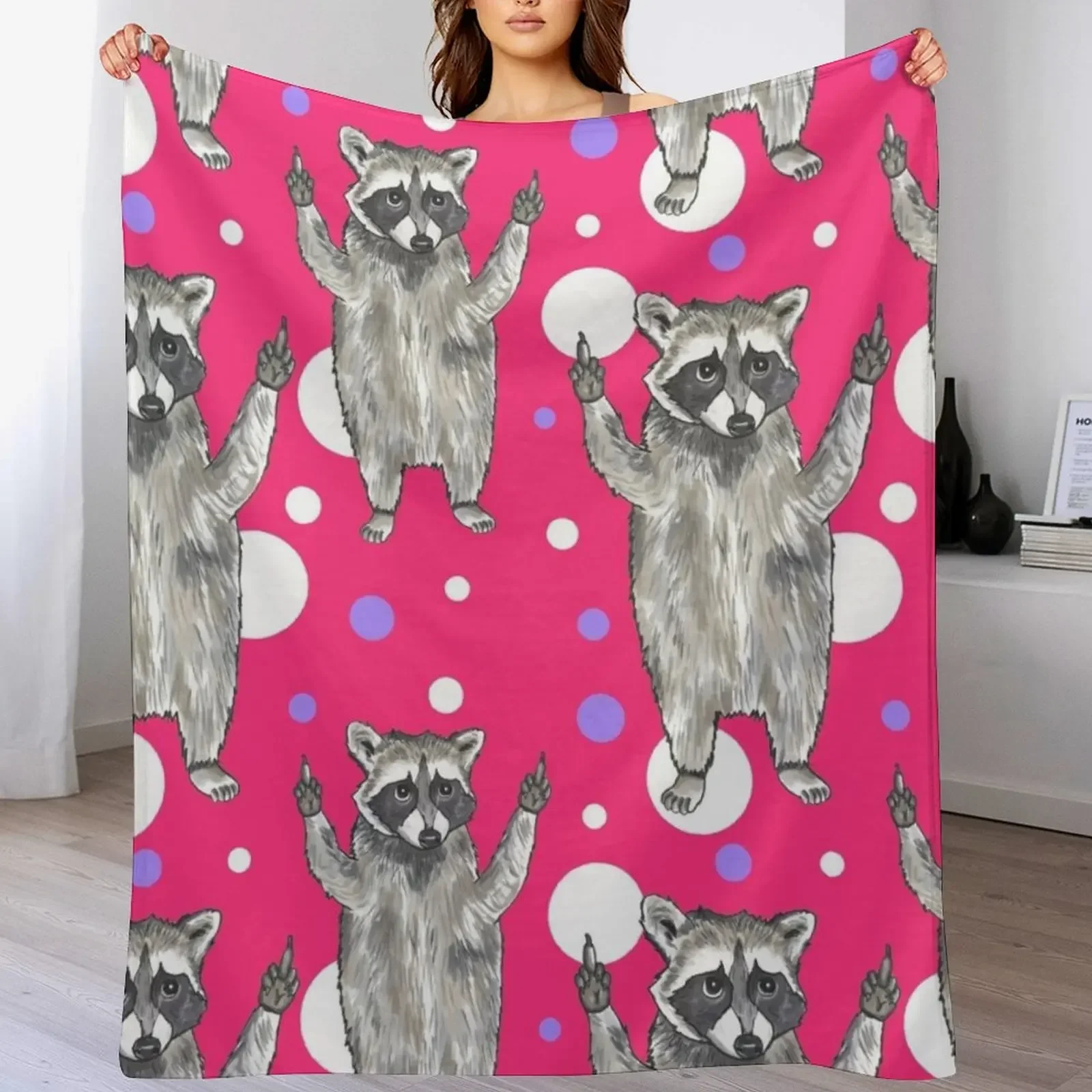 Middle Finger Raccoon Pattern Design Throw Blanket Soft Beds Moving Blankets