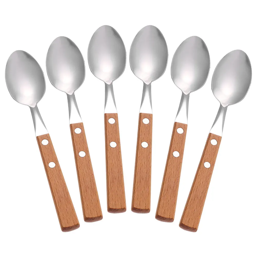

6pcs Stainless Wooden H Spoon Curved Design for Coffee Honey Beverages Cakes Ice Cream Spoons Kitchen Barware