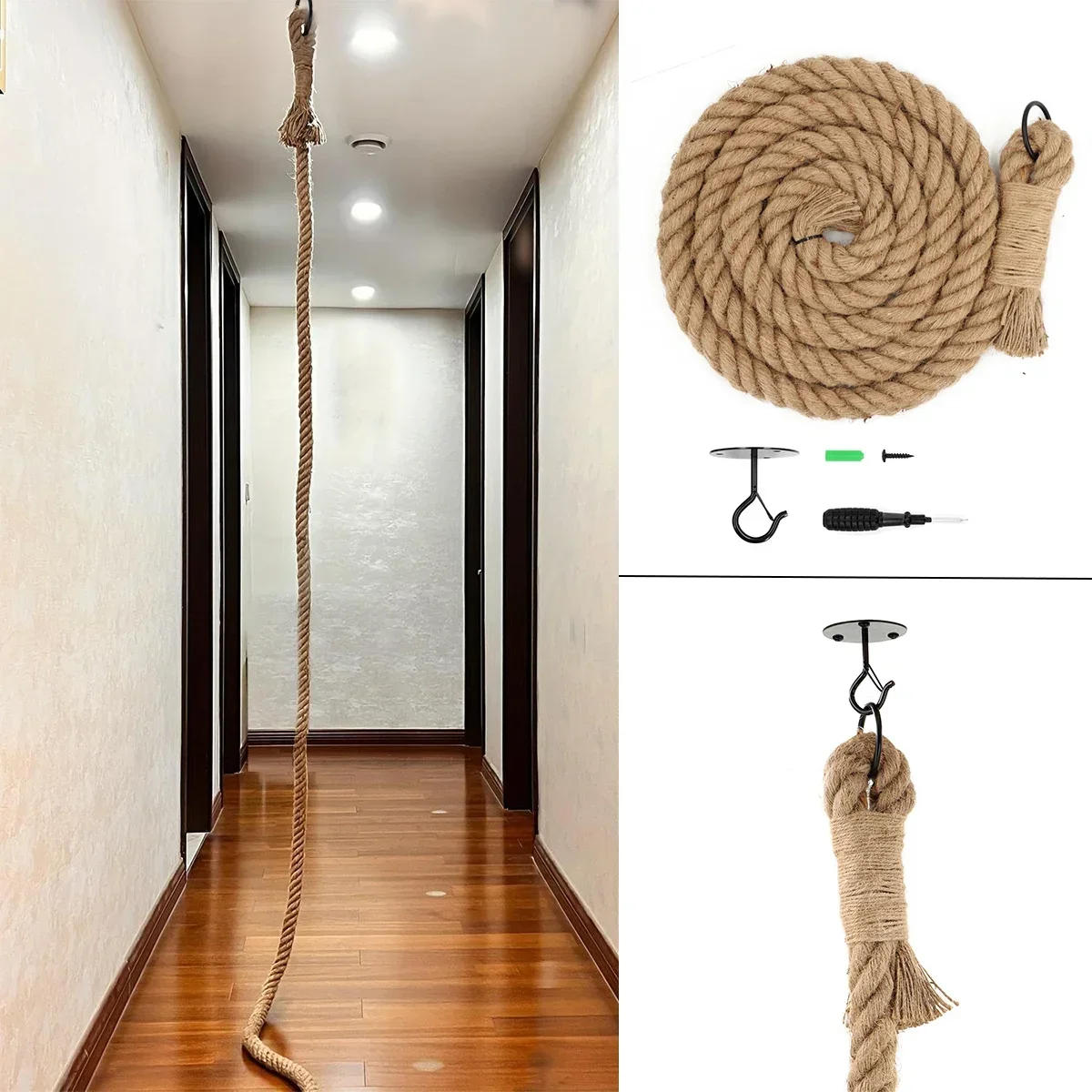Cat Climbing Shelf Cat Climbing Rope 3m Jute Rope Ceiling-Mounted Climbing Rope for Cats Kickers Climbers Toys for Cat Scratcher
