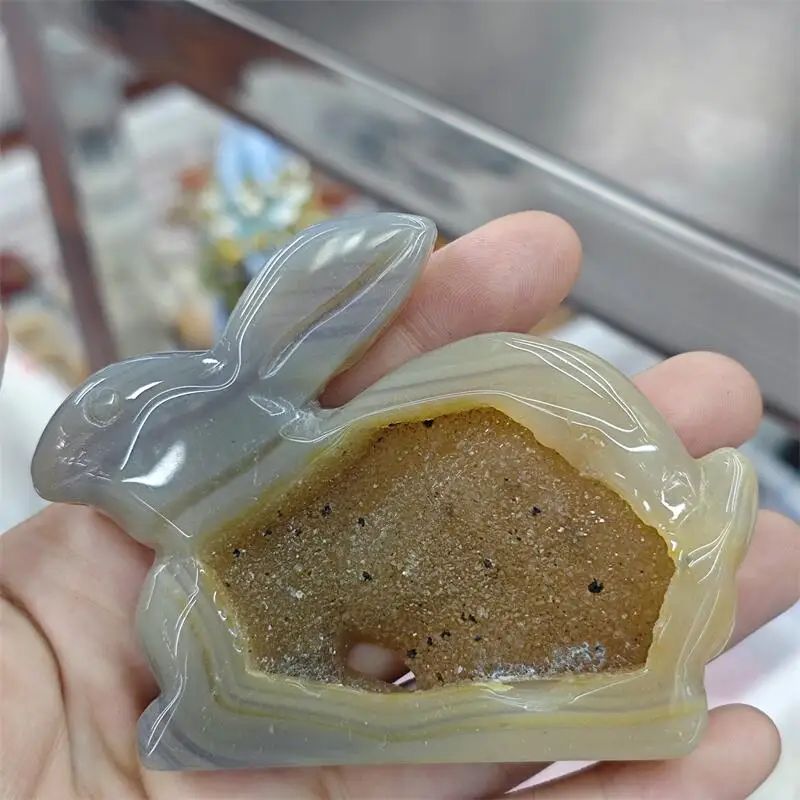 Natural Agate Geode Druzy Rabbit Carving Crystal Love Healing Fengshui Gemstones HomeDecoration Holiday Gift 1PCS
