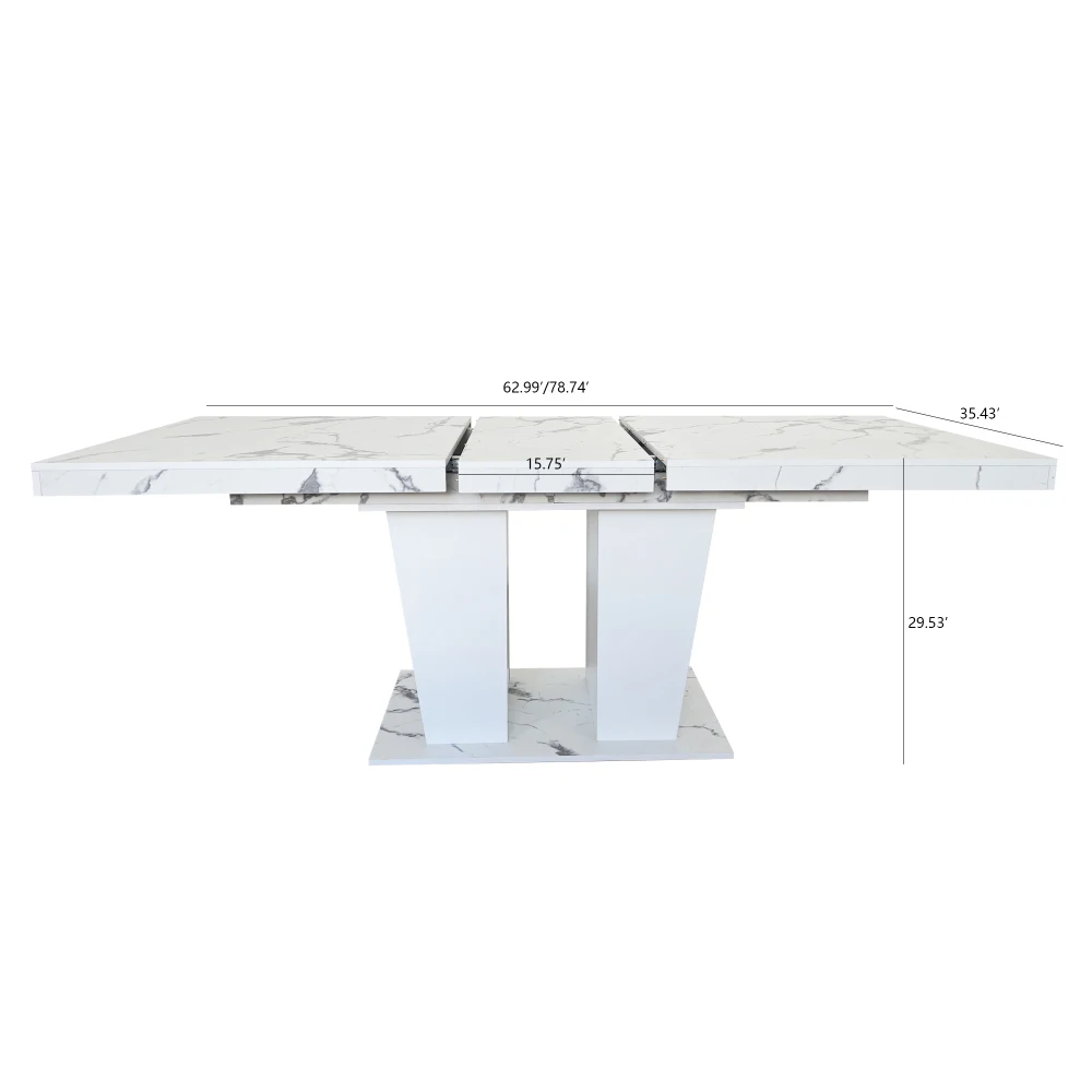 Extendable Dining Table for 6-10, Modern White Faux Marble Rectangular Kitchen Table with Dual Pedestal Base, Expandable Dining Room Table