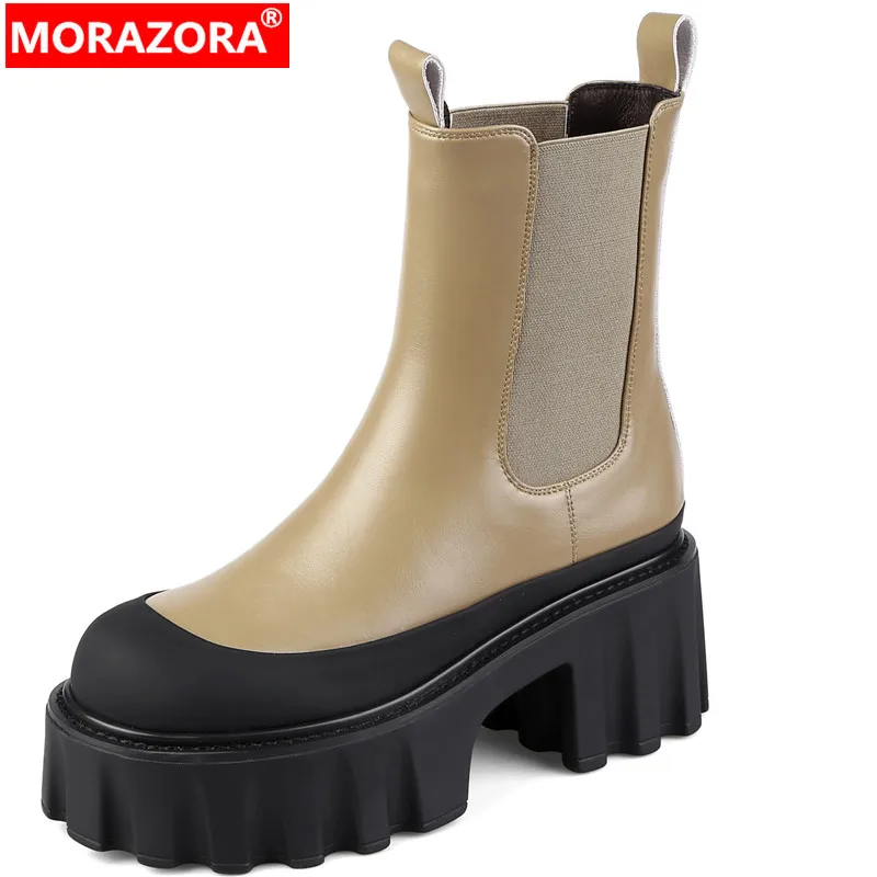 

MORAZORA 2022 New Genuine Leather Mixed Colors Slip On Women Boots Mid Calf Chelsea Boots Winter Thick High Heels Shoes