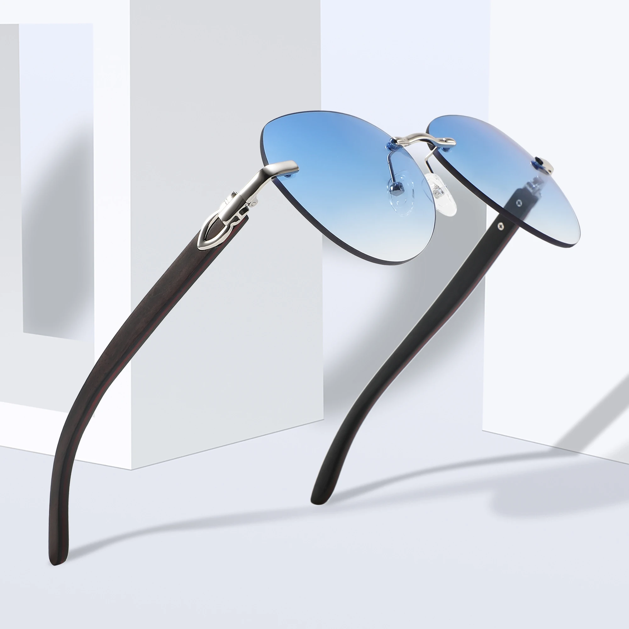 نظارات شمسية جديدة راقية بدون إطار خشبية عصرية واقية من الشمس للنساء بإطارات كبيرة مصنوعة من خشب الخيزران للرجال #2