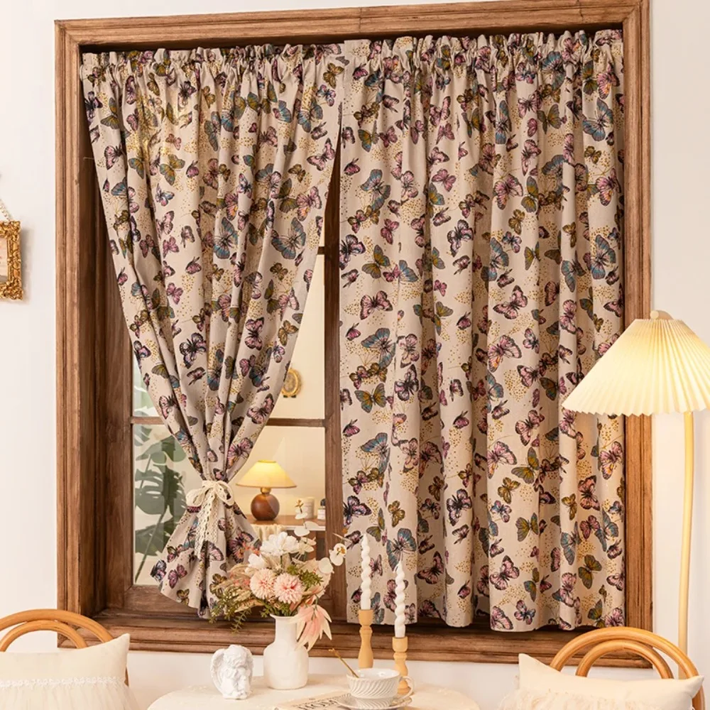 American Country Cotton Linen Butterfly Printed Curtains Tulle for Living Room Pastoral Style Retro Homestay Study Window Drapes