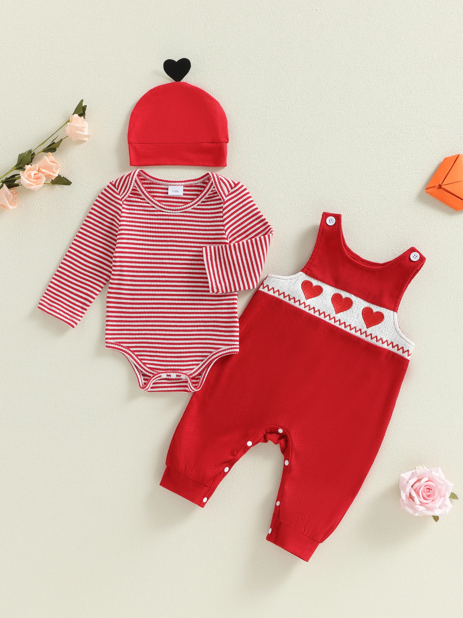 طقم ملابس للأطفال الأولاد في عيد الحب بأكمام طويلة مخطط مع سروال وقبعة مطرز على شكل قلب للرضع #2