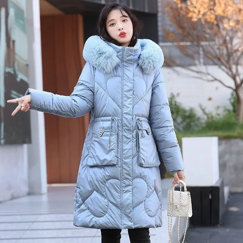 Autumn Winter Hooded Fur Collar Long Parkas Mujer Thick Warm Down Cotton Padded Jacket 2024 New Women Casual Coat Female Parka