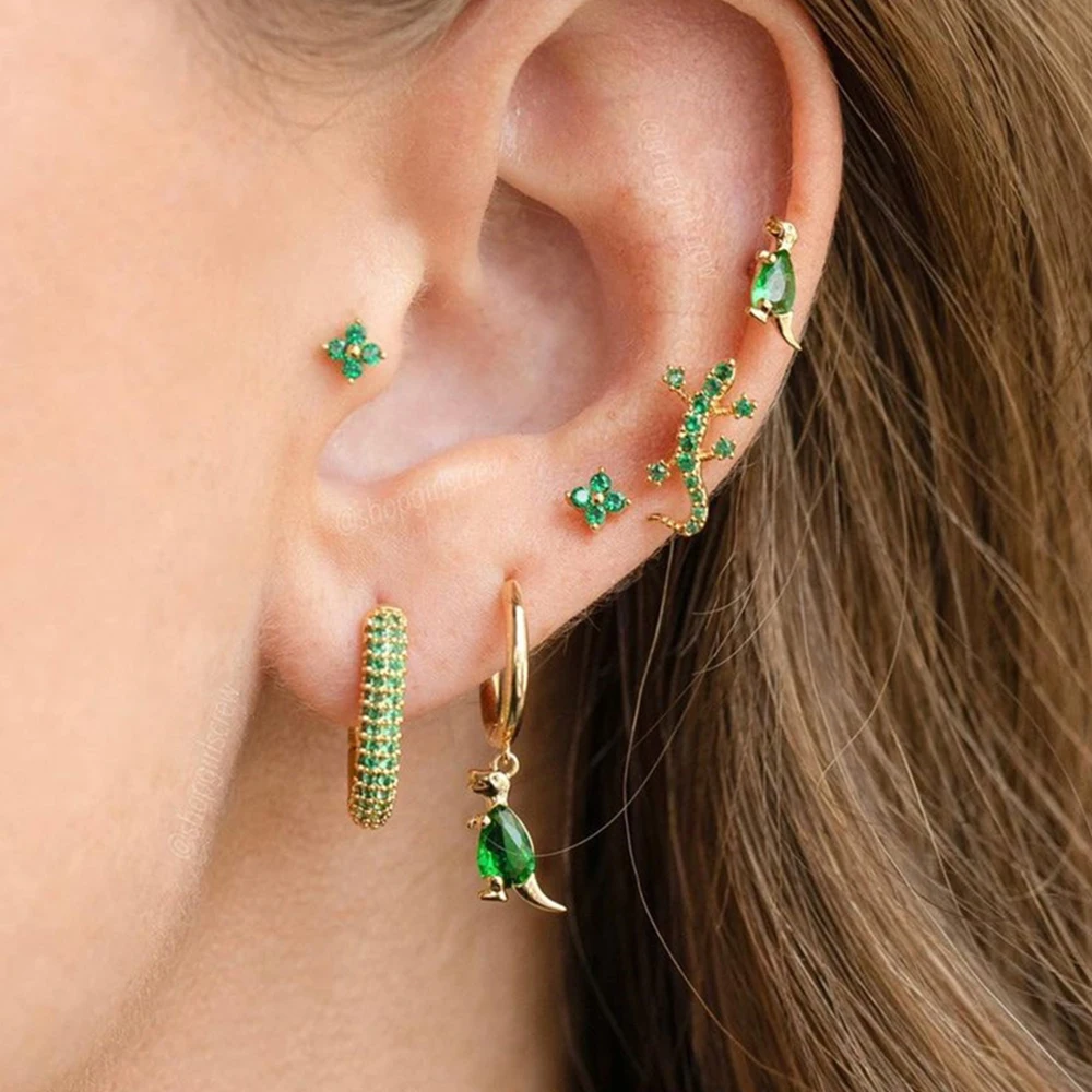 1PC Stainless Steel Green Crystal Zirconia Small Hoop Earrings for Women Unique Ear Studs Earrings Cartilage Piercing Jewelry