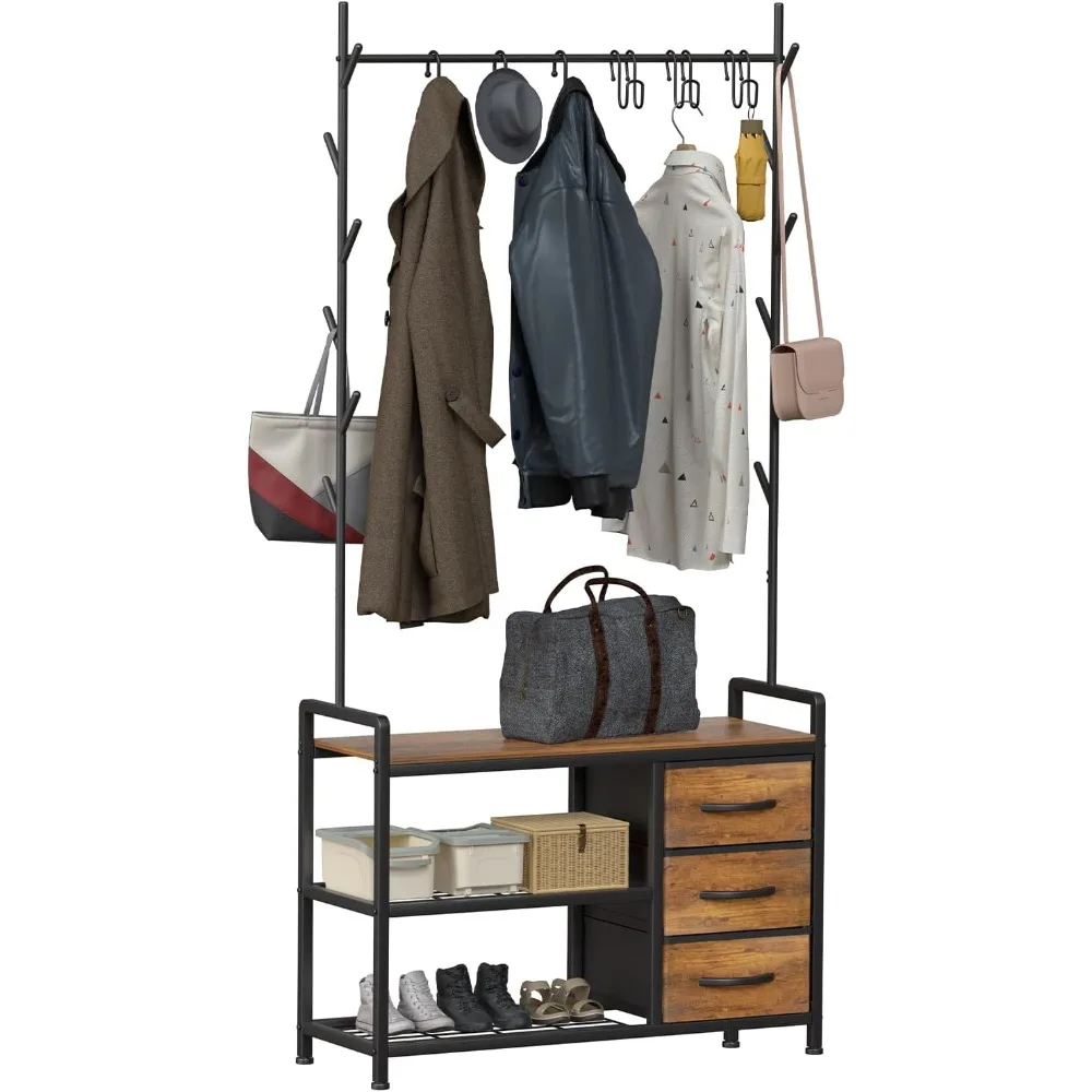 

Coat Rack Tree Shoe Bench, Hall Tree for Entryway with Drawer Cubby Storage Bench, Wood Look Accent Furniture with Metal Frame