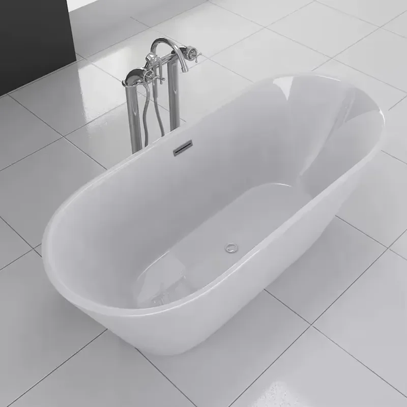 Modern Freestanding Bathtub Acrylic Soaking Tub For Bathroom Home Spa Relaxation White Oval Design Deep Bath Basin Fixture