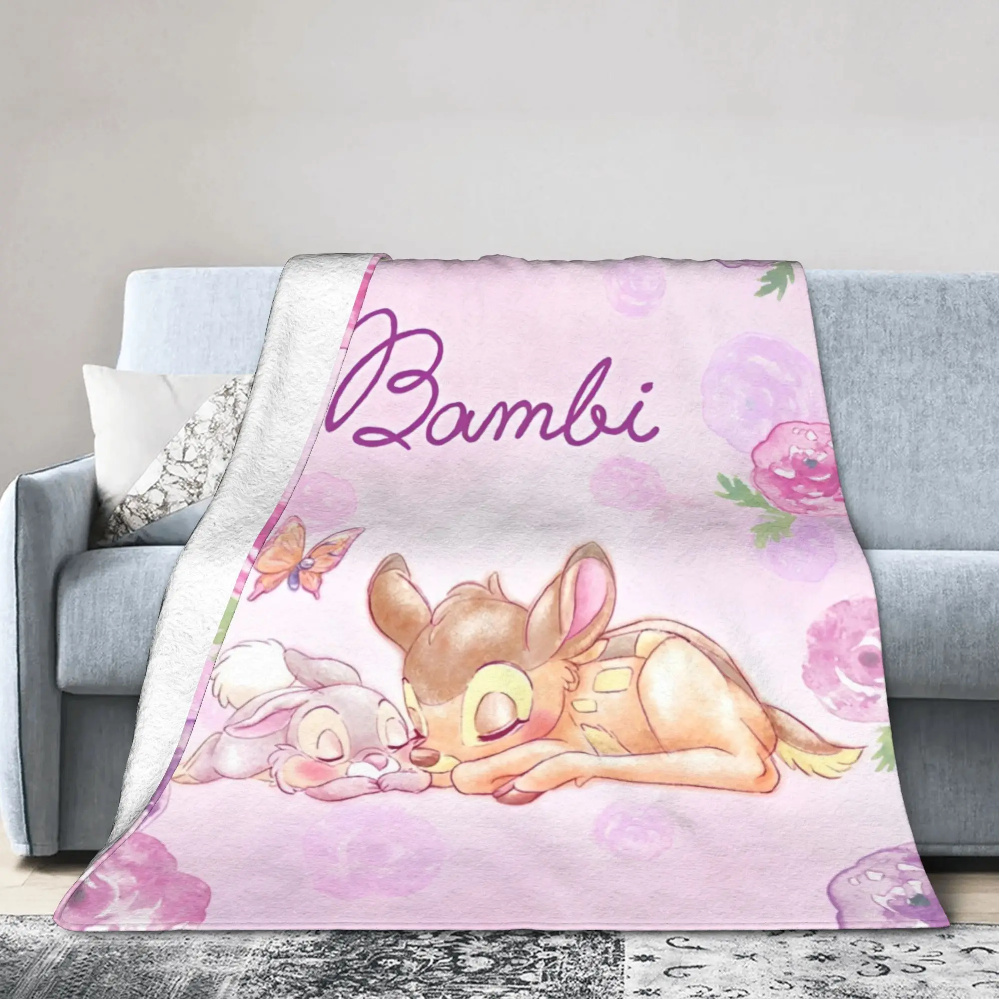 Bambi Floral Velvet Throw Blanket Cartoon Deer   Blanket for Sofa Car Lightweight Bedroom Quilt,