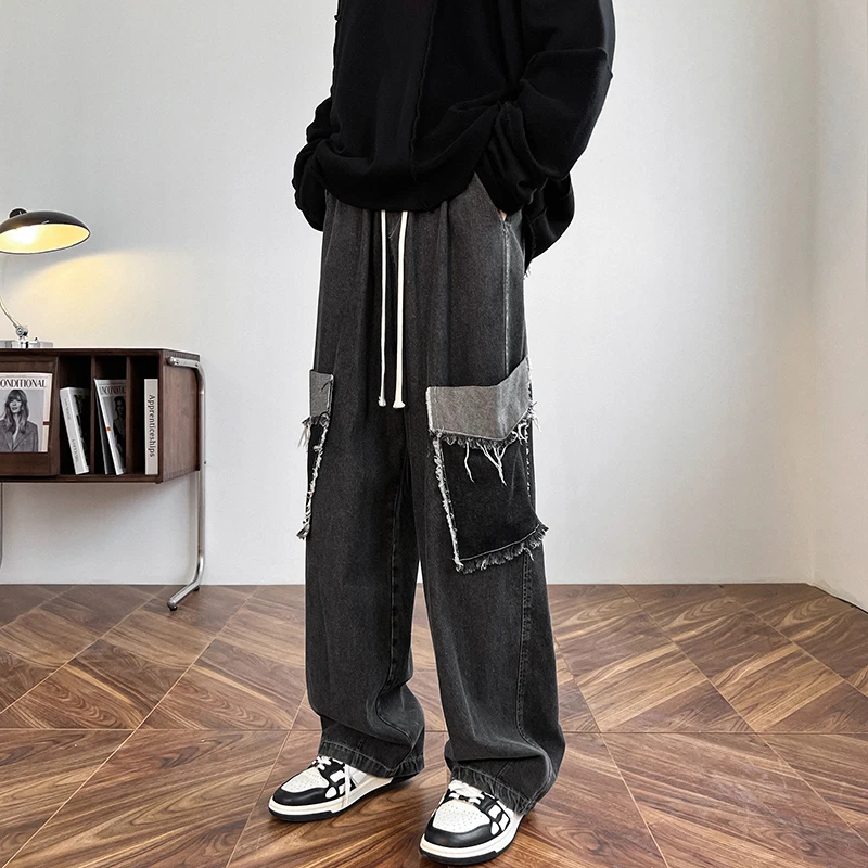 2024 New Trendy Jeans Vintage Washed 3D Pocket Workwear Denim Pants Casual Fashion Loose Straight Leg Men's Wide Leg Pants