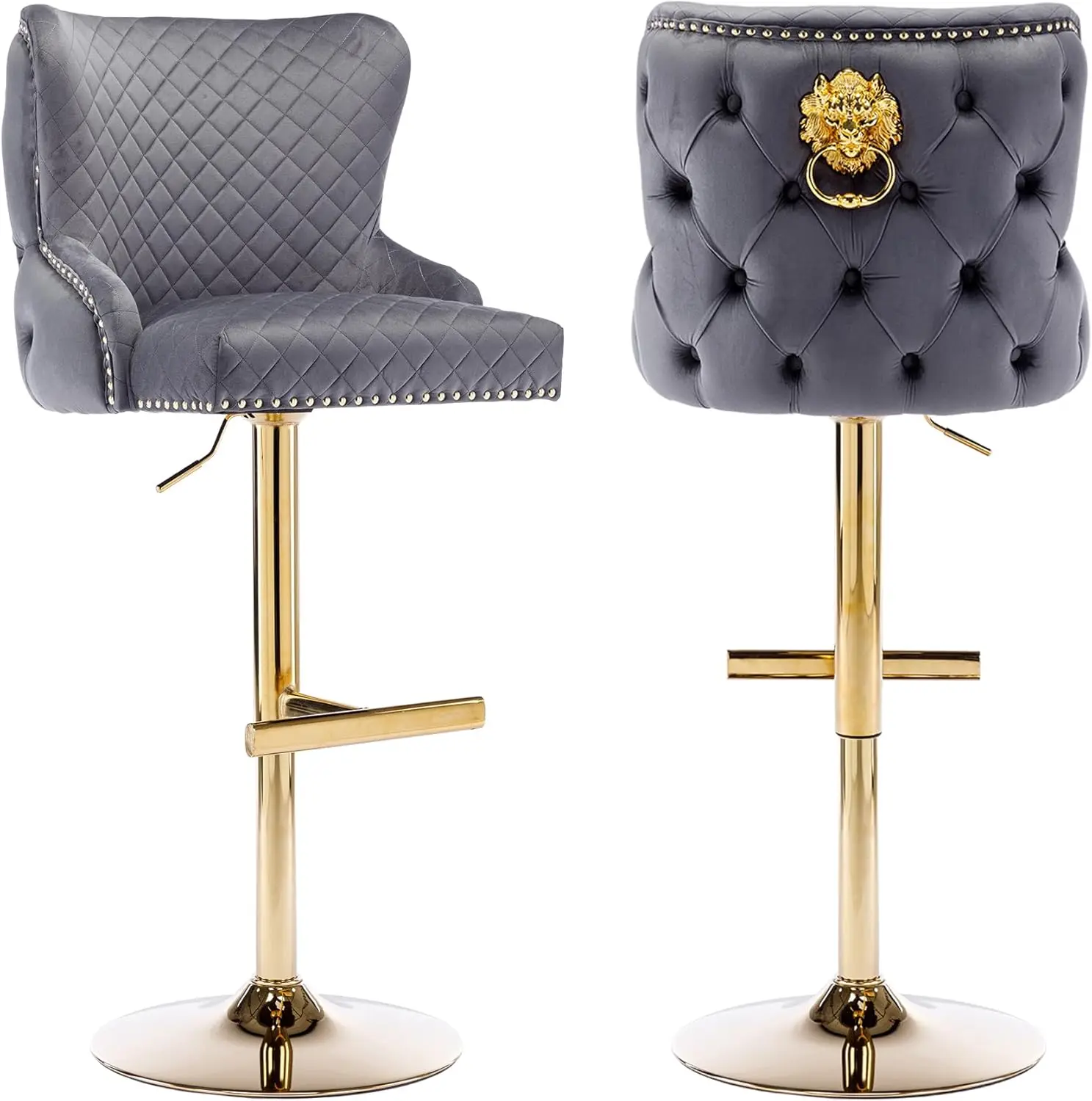 Velvet Barstools Set Of 2, Counter Height Adjustable Swivel Barchairs With Golden Lion Head Ring, Thicken Padded Tufted