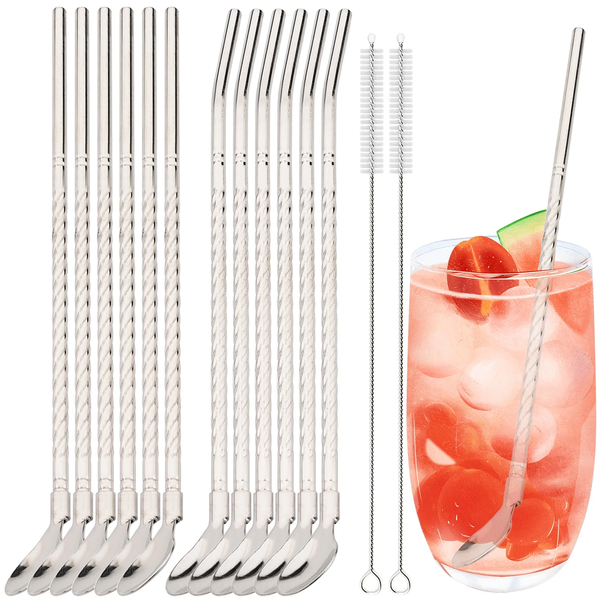 

12 шт., набор соломинок 2-в-1, ложка, многоразовая соломинка для питья из нержавеющей стали, сок, молочные коктейли, кофейная соломинка, аксессуары для бара