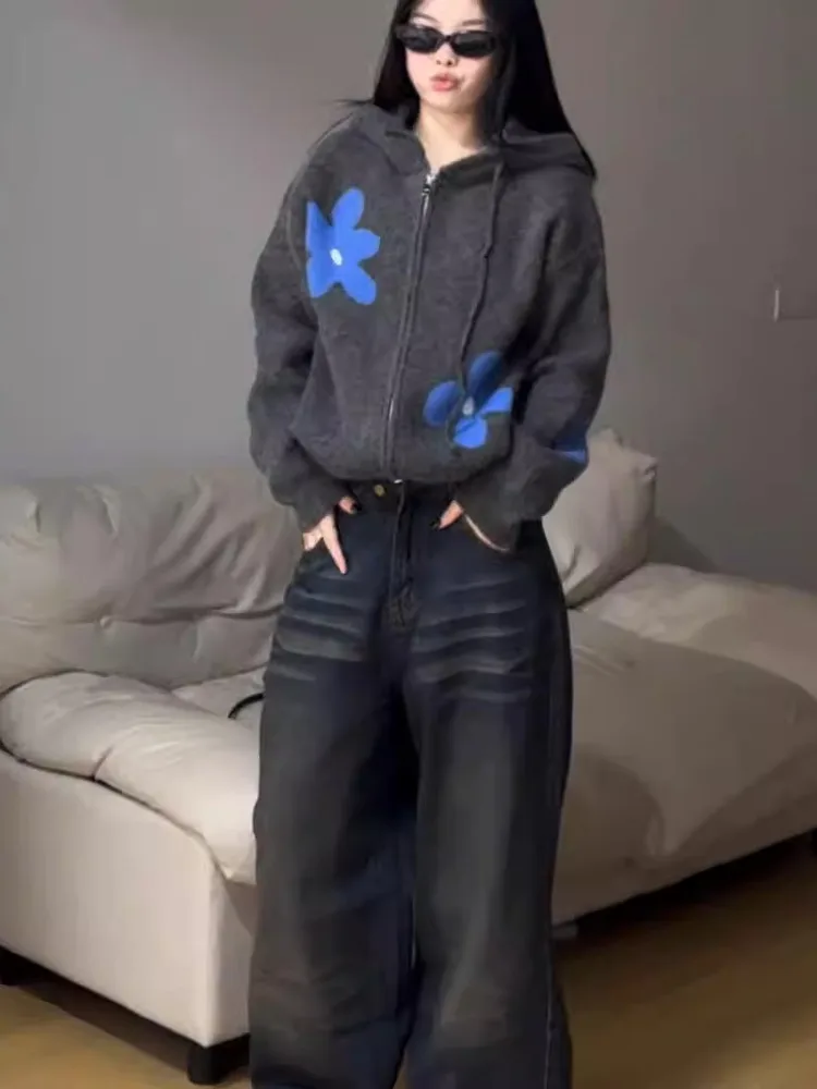 

Korean Sle ey Zipper Hooded Knitted Cardigan Women's Autumn Winter Loose Outerwear Top High End Feeling Lazy Sle