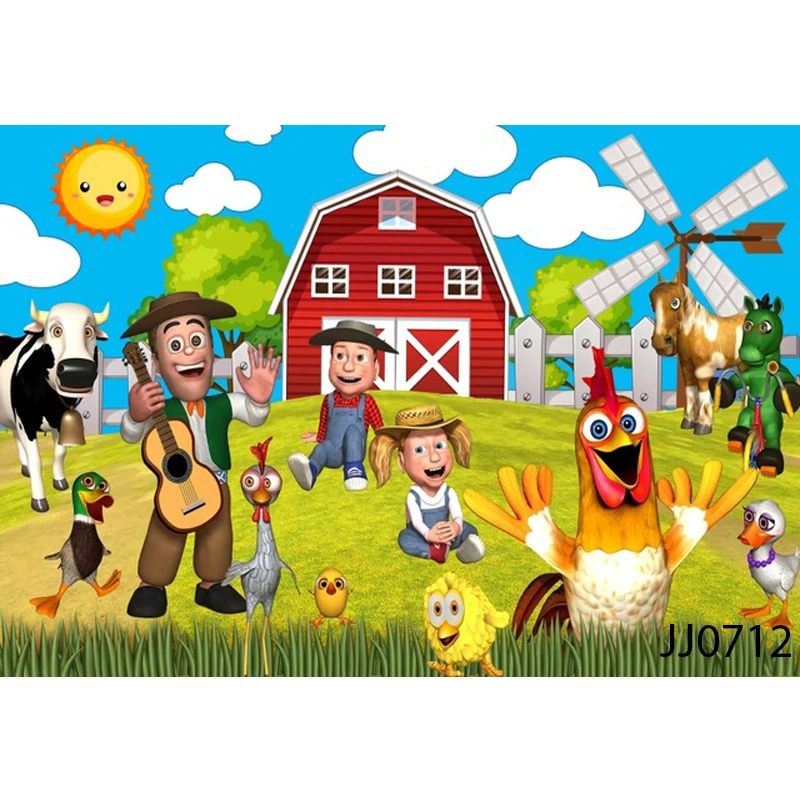 Custom พจนานุกรม Granja De Zenon ฉากหลังเด็ก1st วันเกิด Photo Studio สีเขียว Grass Farm Barn สัตว์รถแทรกเตอร์ภาพพื้นหลัง