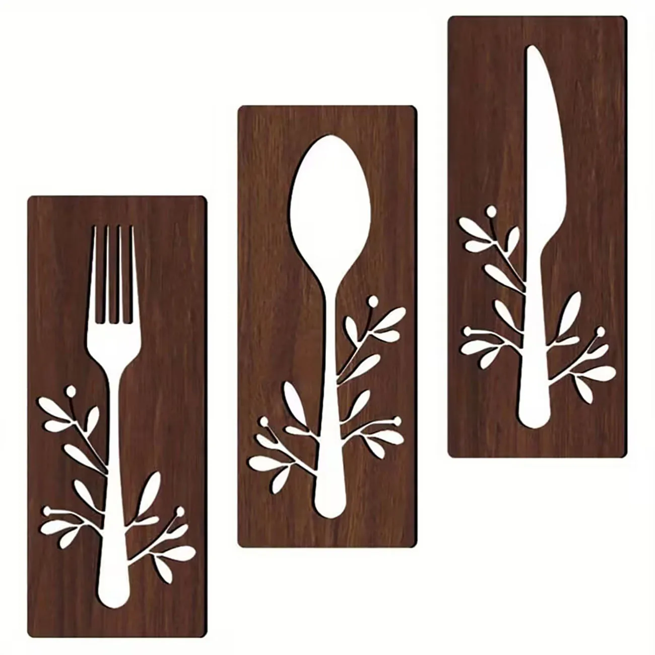 3Pcs Fork Spoon Knife Wooden Wall Decor with Nano Tape, Kitchen Wall Art
