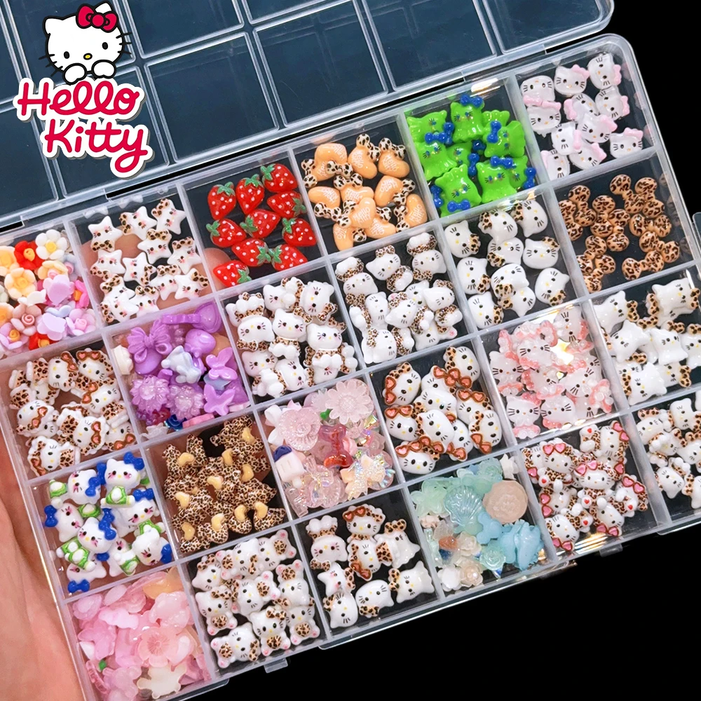 

24 Grids-300pcs New Leopard Hello Kitty Cartoon Nail Charms Mixed Flowers Strawberries Hello Kitty Nail Decorations y2k Manicure
