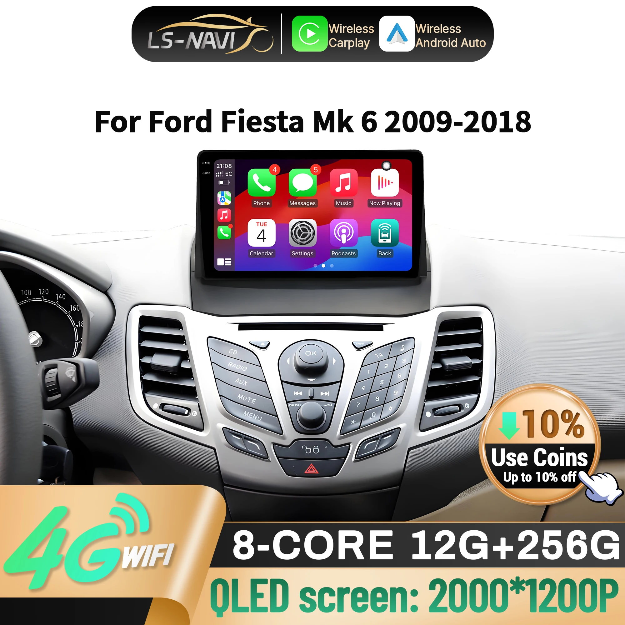 

Android 14 для Ford Fiesta Mk 6 2009-2018 автомобильный радиоприемник мультимедийная навигация GPS беспроводной CarPlay 2K QLED экран