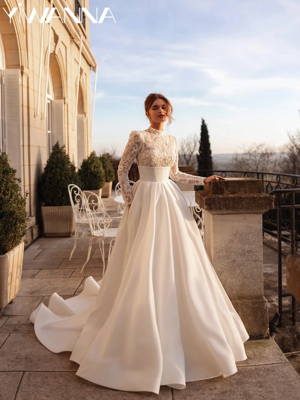 

Dazzling Beaded Lace A-line Satin Long Wedding Dress Modest High Collar Bridal Gown Customized Charming Dresses For Bride