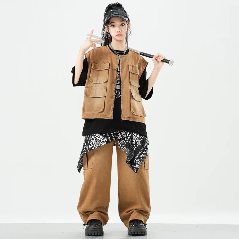 Hip Hop Stage Boys Vest Tshirt Cargo Pants Girls K-pop Cool Jazz Jacket Street Dance Costumes Children Clothes Kids Streetwear