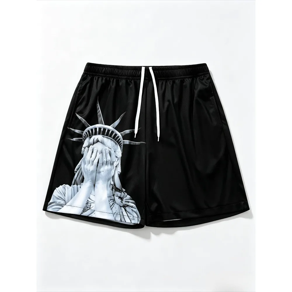 Monochrome Cover Face Liberty Statue Graphic Men Mesh Shorts Drawstring Breathable Streetwear Summer Casual Sport Shorts