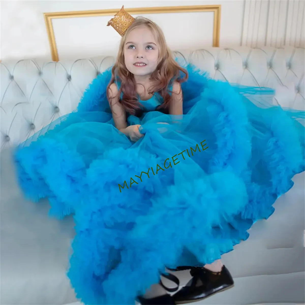 Lovely Blue Tulle Ruffles Sleeveless Flower Girl Dress For Wedding 2023 Princess O-Neck Puff Birthday Party First Communion Gown