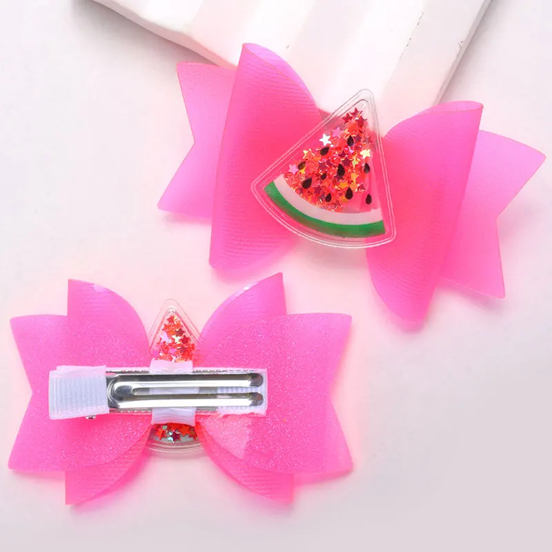 2Pcs Jelly PVC Hair Bow Clip Cute Watermelon Avocado Hairpin Girls Sequin Waterproof Pool Party Hairpins Kids Hair Accessories