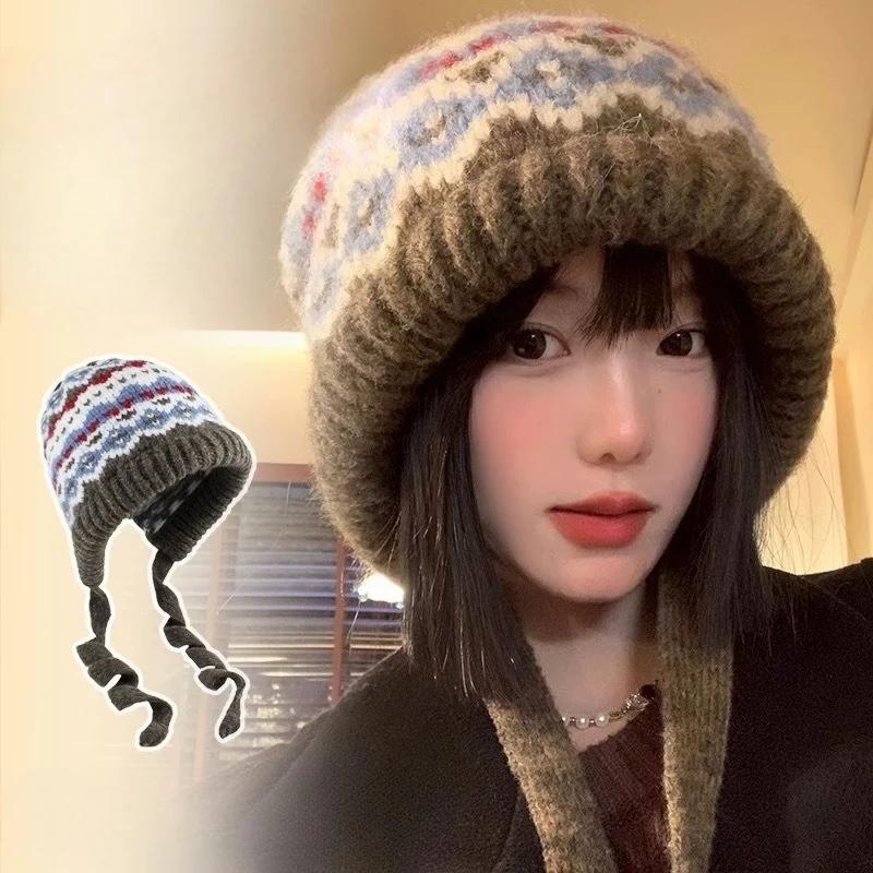 

Полосатая вязаная шапка в этническом стиле ретро, зимняя теплая шапка, осенне-зимняя утолщенная теплая устойчивая женская шапка с защитой ушей