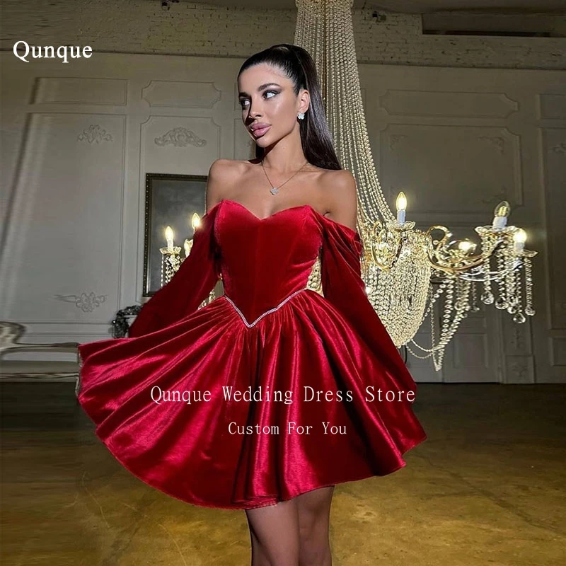 Qunque Women Velvet Party Dress Elegant Diamonds Long Sleeves Prom Dresses Lace Up A-line Mini Vestidos Para Mujer Customized