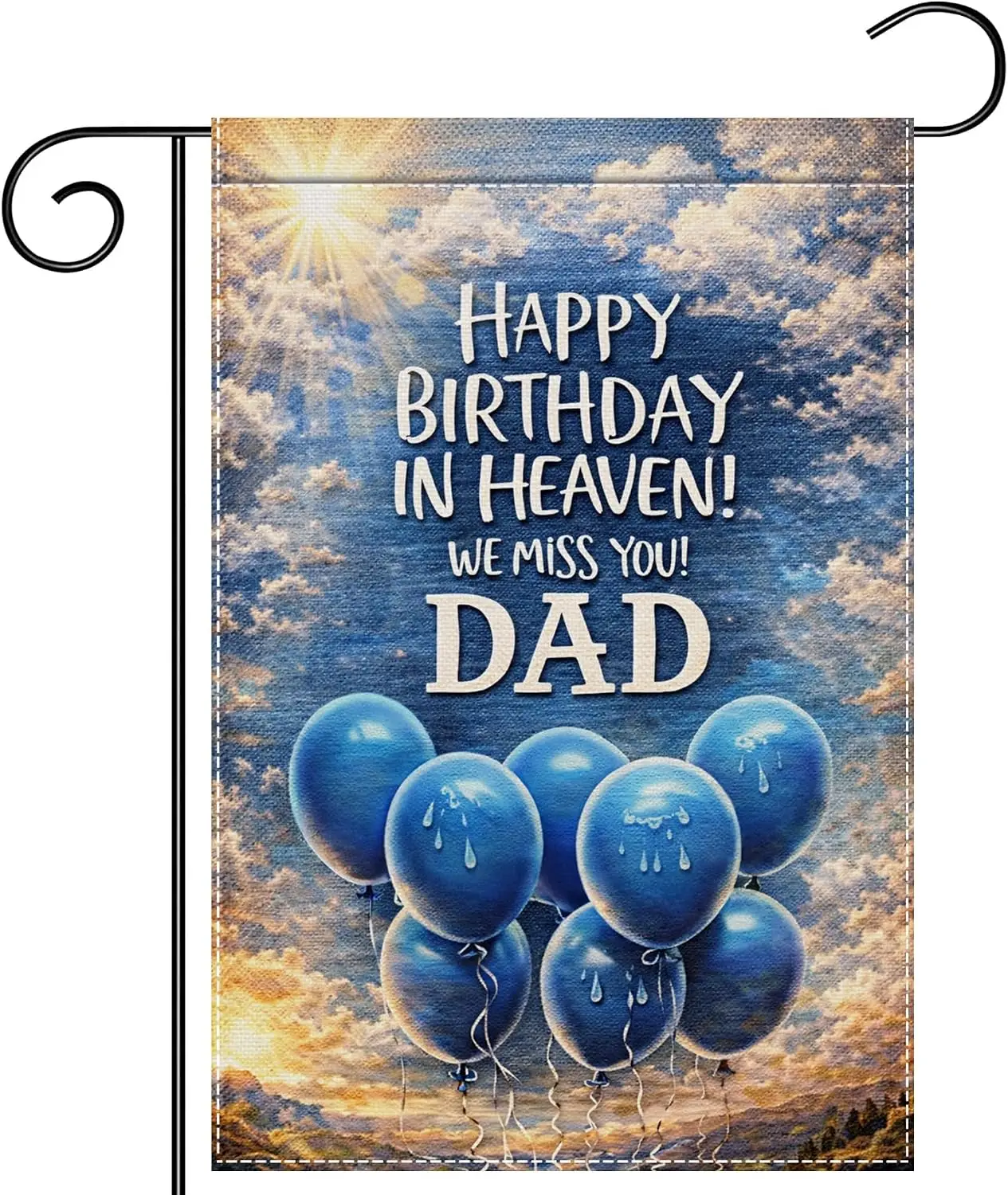 Happy Birthday in Heaven Dad Memorial Garden Flag 12x18 Inch | Double sided polyester, blue balloon artwork, remembrance tri uui