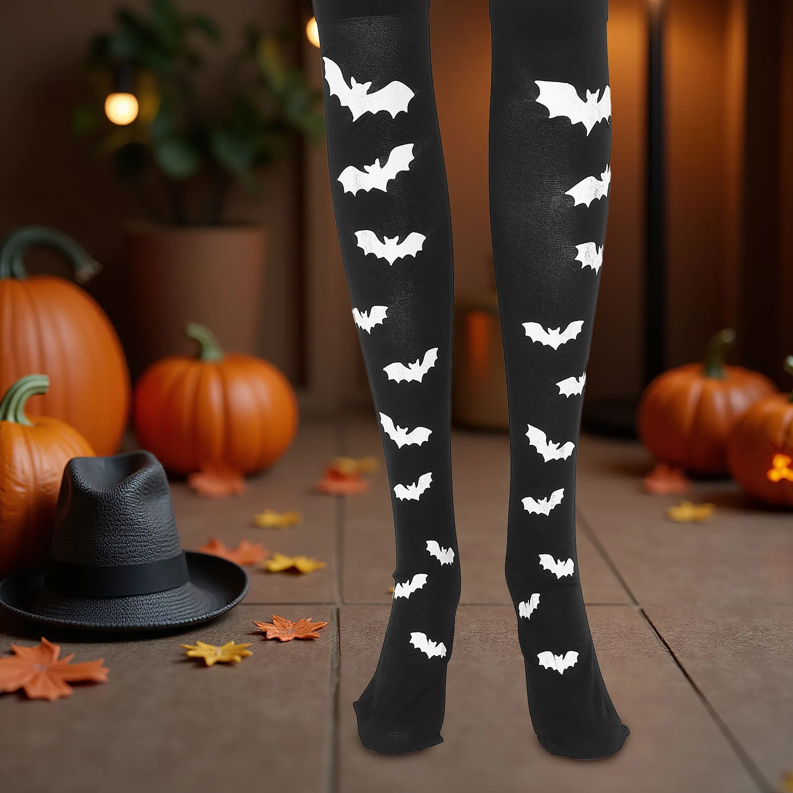 1Pair Halloween Bat Print Over Knee Long Socks 70cm Black Soft Elastic Anti Slip Breathable for Women Party Cosplay
