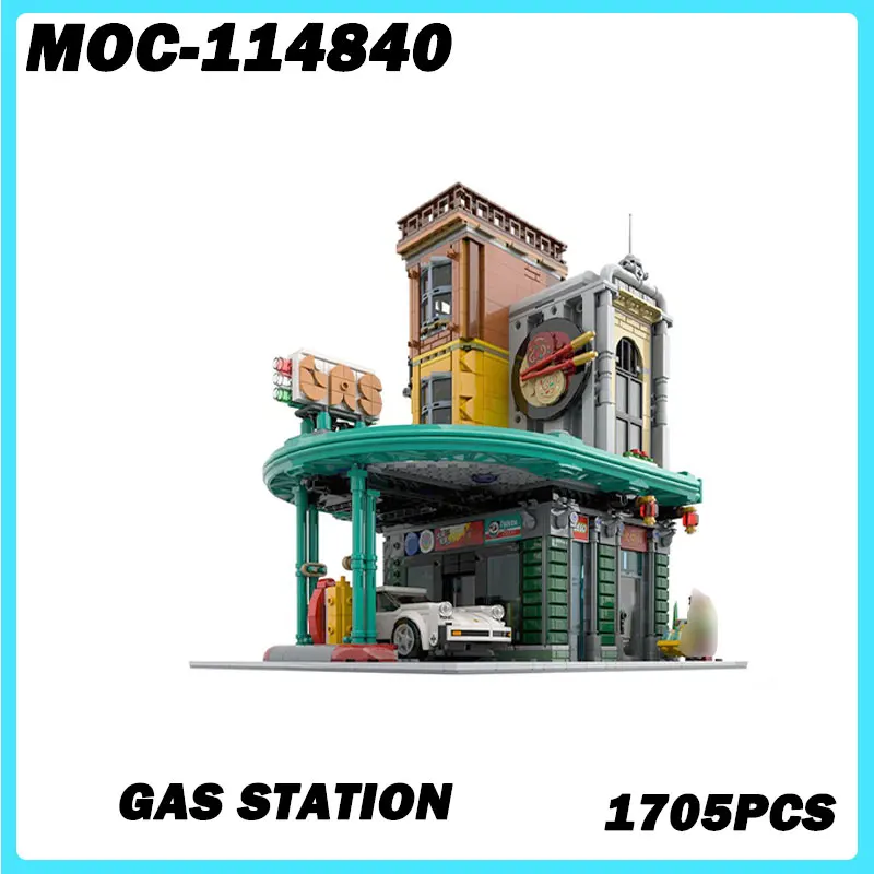 

MOC- 114840 АЗС, круглосуточный магазин, кирпич, архитектура, строительные блоки, кирпичи, модель, наборы с видом на улицу, детские игрушки для детей