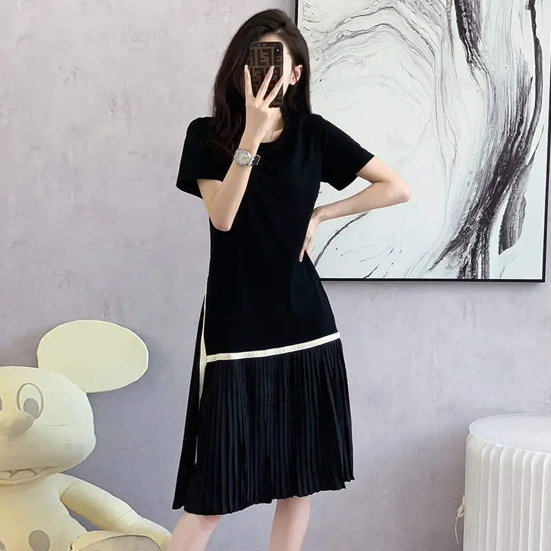 Temperament A-line Short Sleeve Dress Women\'s Summer New Fashion Black Patchwork Pleated Skirt