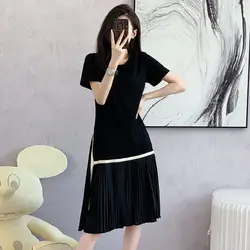 Temperament A-line Short Sleeve Dress Women's Summer New Fashion Black Patchwork Pleated Skirt