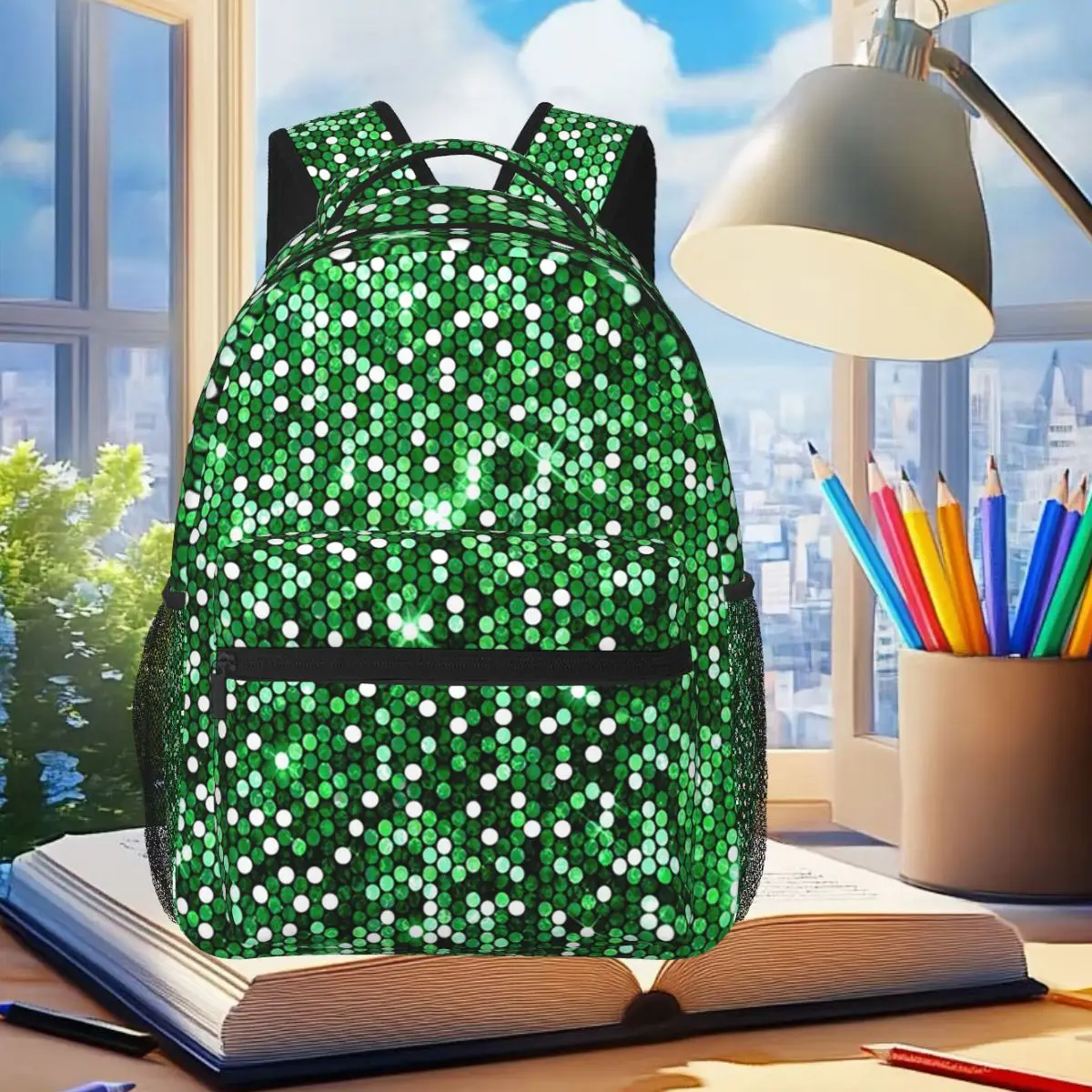 

Green And Black Glitter Sparkly Backpack Student Boys Girls BookBag Children School Bag Laptop Shoulder Bags for Men Women