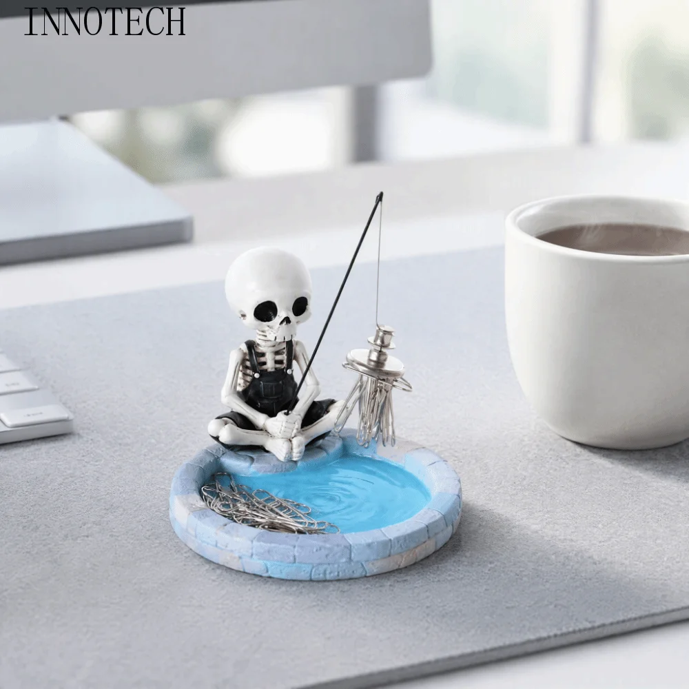 Magnetic Skeleton Fishing Paper Clip Holder Pool-shaped base Resin Skull Decor Figurine Fishing Skeleton Mini Size