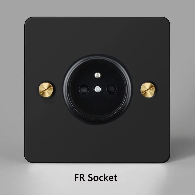 Wall EU Socket Black Stainless Steel Panel Golden Screw 110-250V Electric Plug Toggle Switch