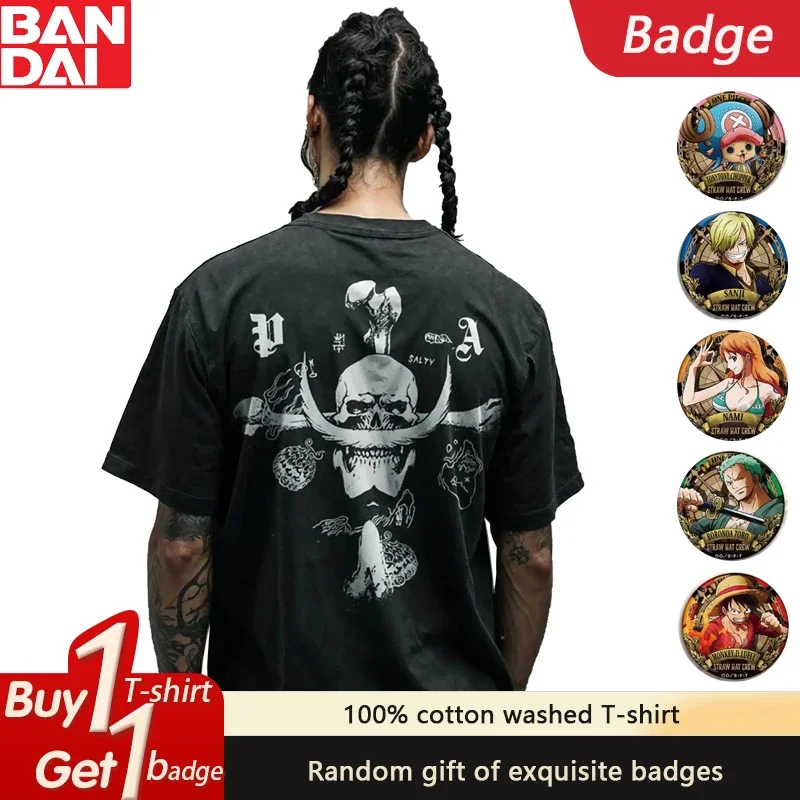 

Anime ONE PIECE Luffy Classic Logo Men's T-shirt Women's Pure Cotton Retro Oversized Top Fashion Street T-shirt Get Badge Summer