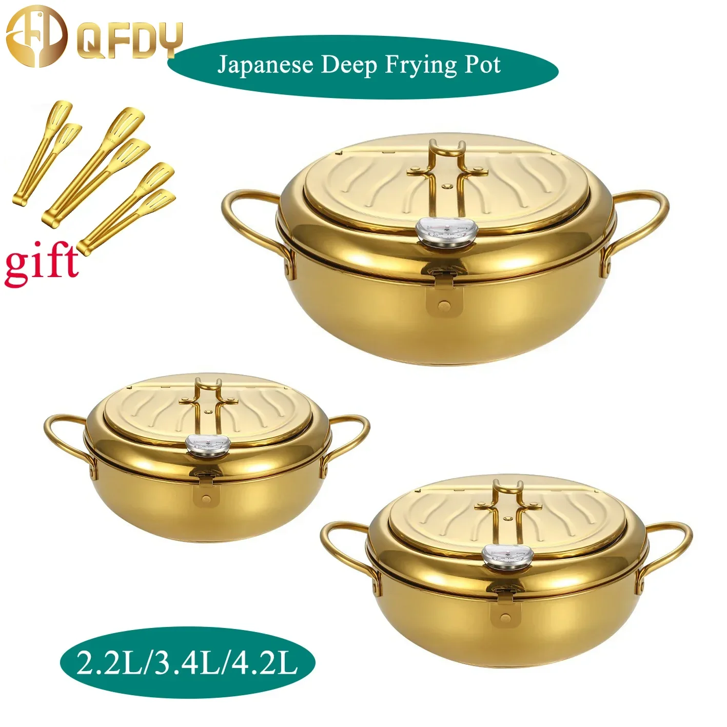 

2.2/3.4/4.2L Japanese Deep Frying Pot with a Thermometer and a Lid 304 Stainless Steel Kitchen Tempura Fryer Pan